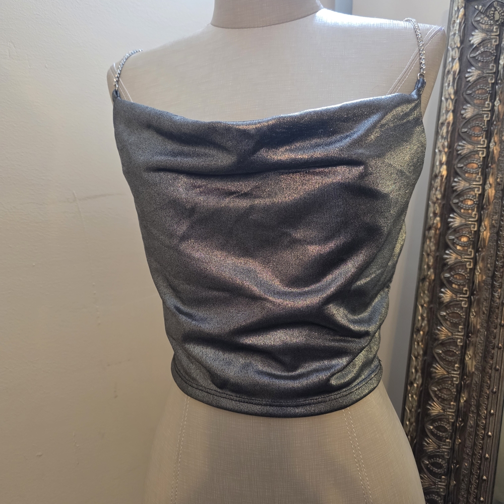 Rue21 -NWT Silver Crop Top with Ruched Details & Rhinestone Straps - Sz Small